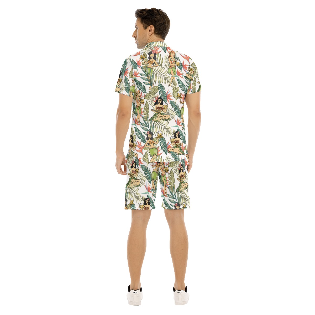 Set Hula Girl Beer Floral Hawaiian Shirt And Matching Shorts For Men