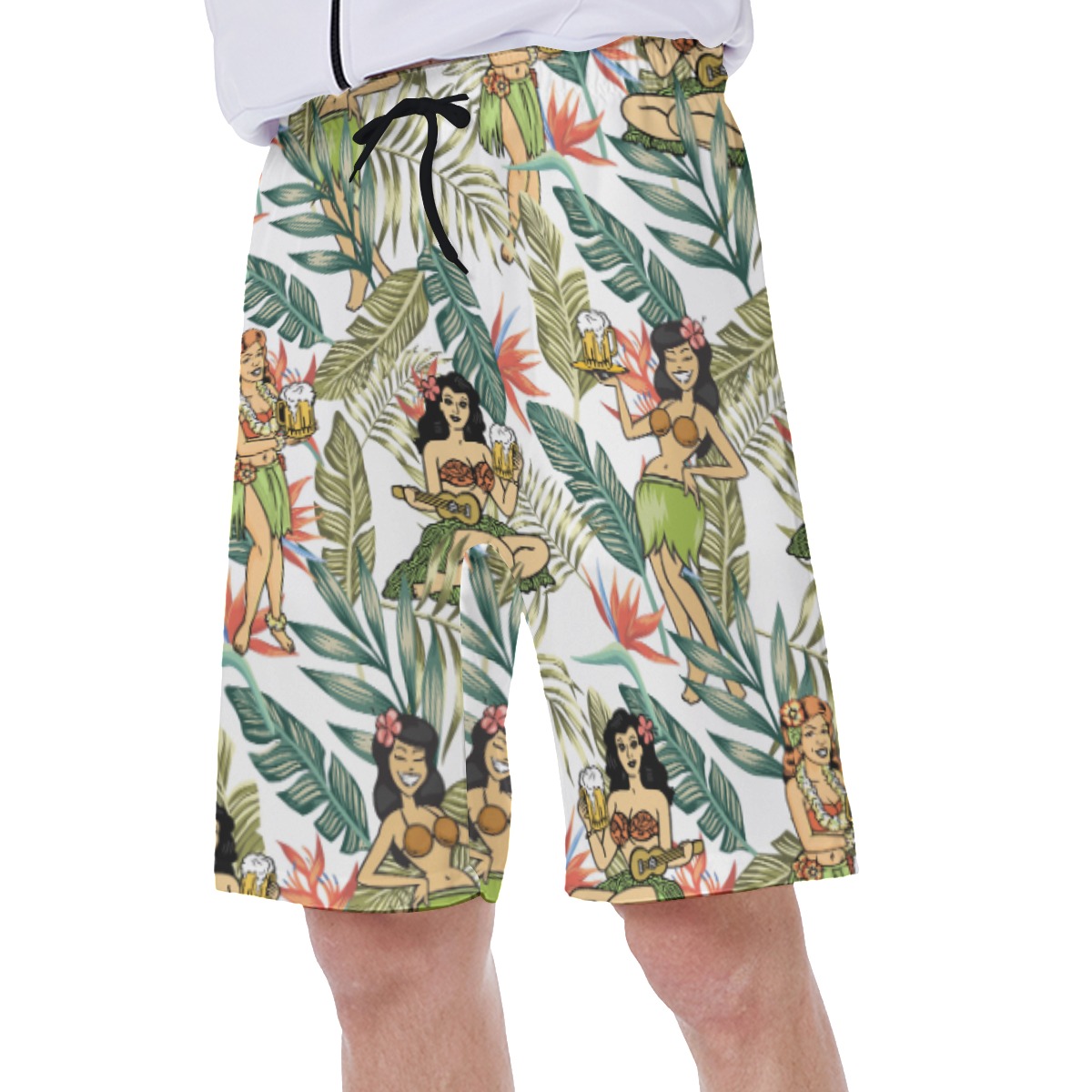 Floral Hula Girl And Beer Men's Hawaiian Swim Trunks