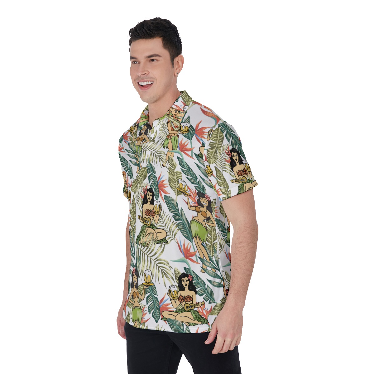 Tropical Hula Girl And Beer Hawaiian Golf Shirt