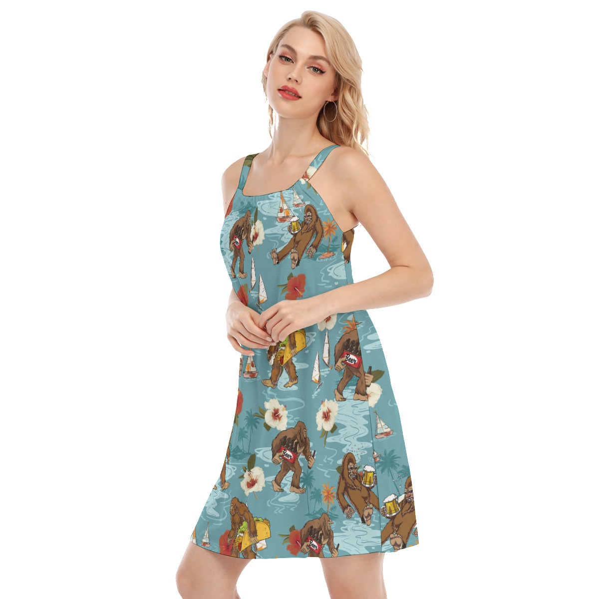 Tropical Cami Hawaiian Dress With Funny Bigfoot Drinking Beer
