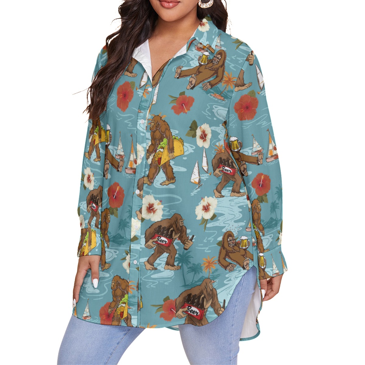 Tropical Bigfoot Beer Hibiscus Hawaiian Plus Size Shirt For Women
