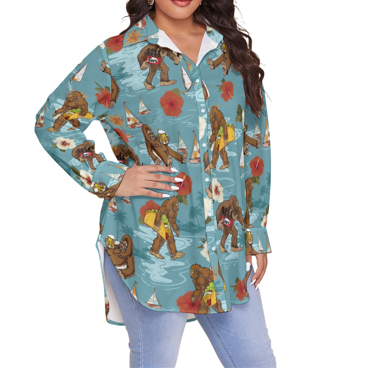 Tropical Bigfoot Beer Hibiscus Hawaiian Plus Size Shirt For Women