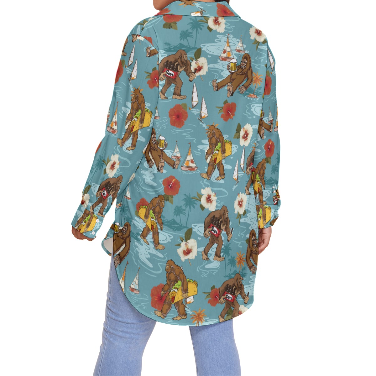 Tropical Bigfoot Beer Hibiscus Hawaiian Plus Size Shirt For Women