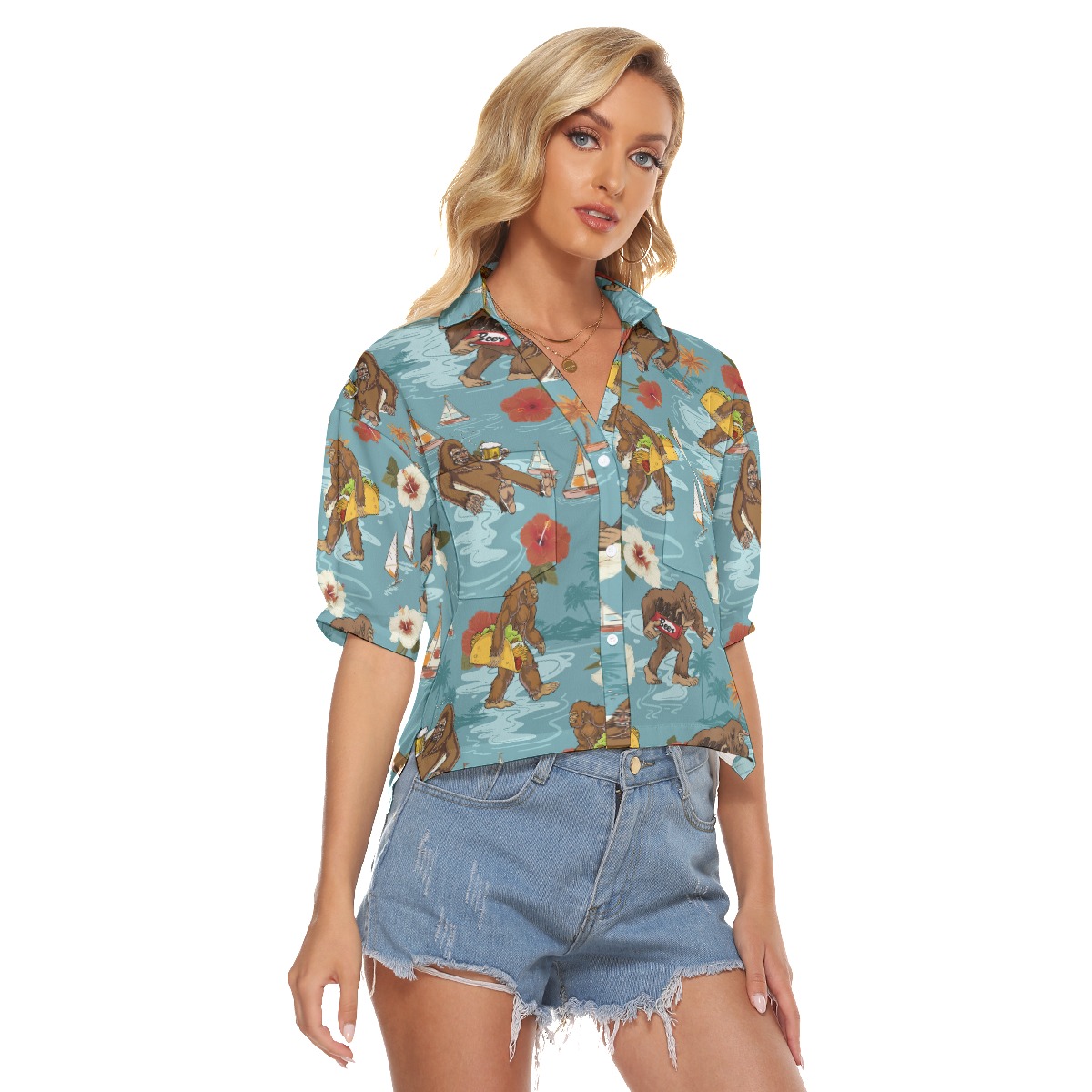 Funny Bigfoot Beer Hibiscus Tropical Aloha Crop Top Shirt