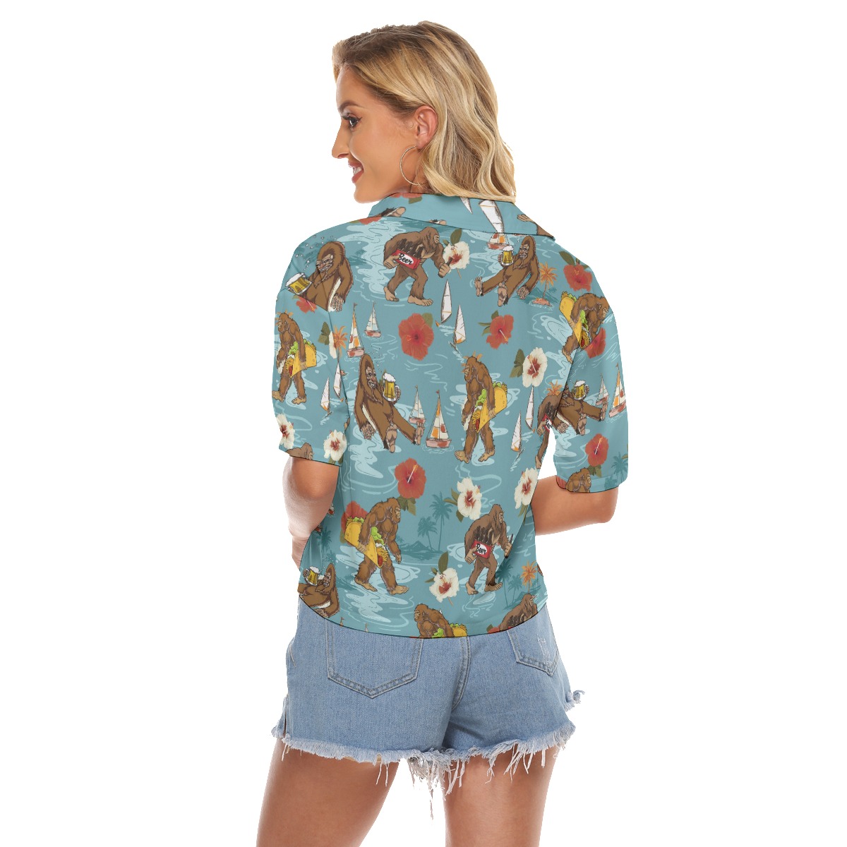 Funny Bigfoot Beer Hibiscus Tropical Aloha Crop Top Shirt