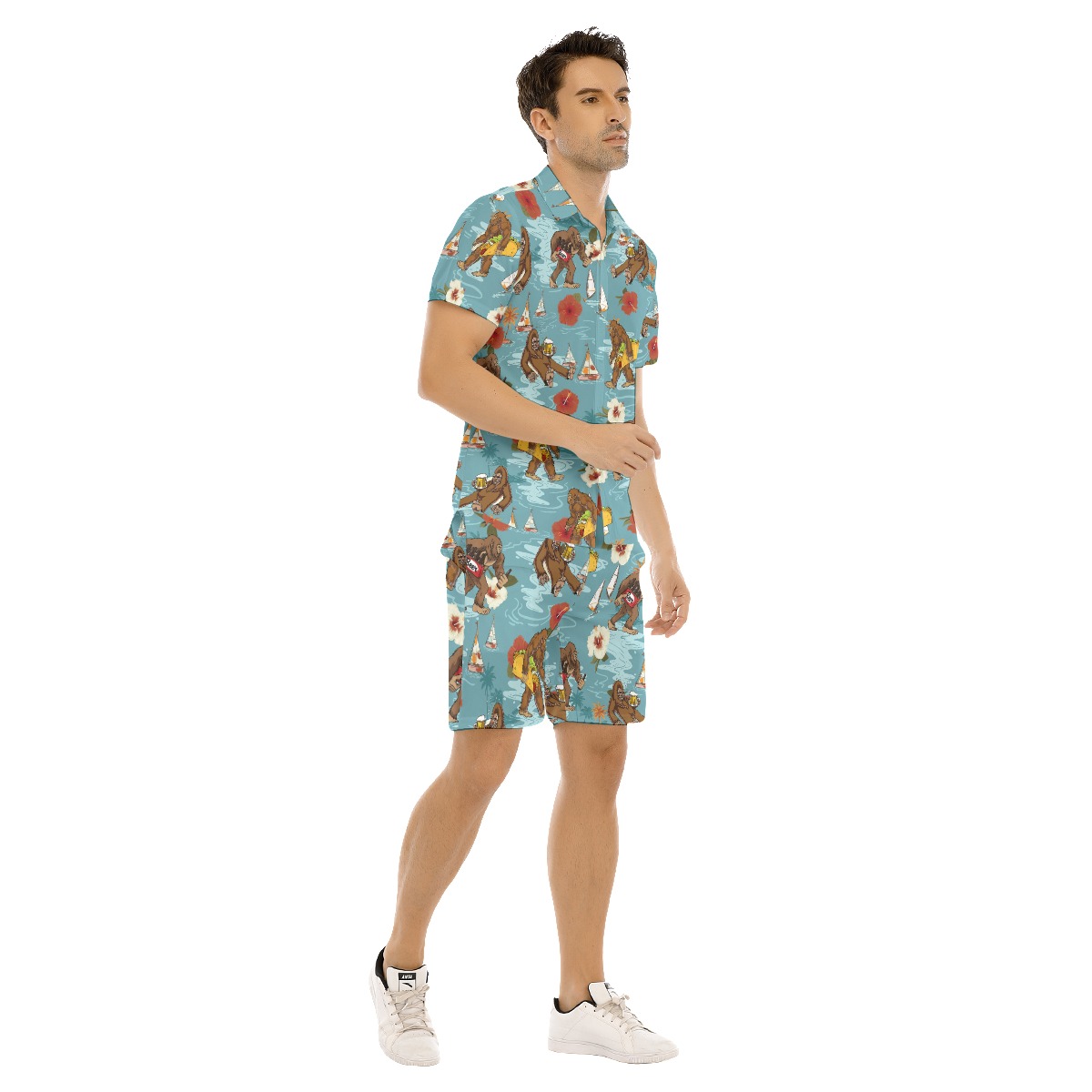Set Bigfoot Beer Hibiscus Blue Hawaiian Shirt And Matching Shorts For Men