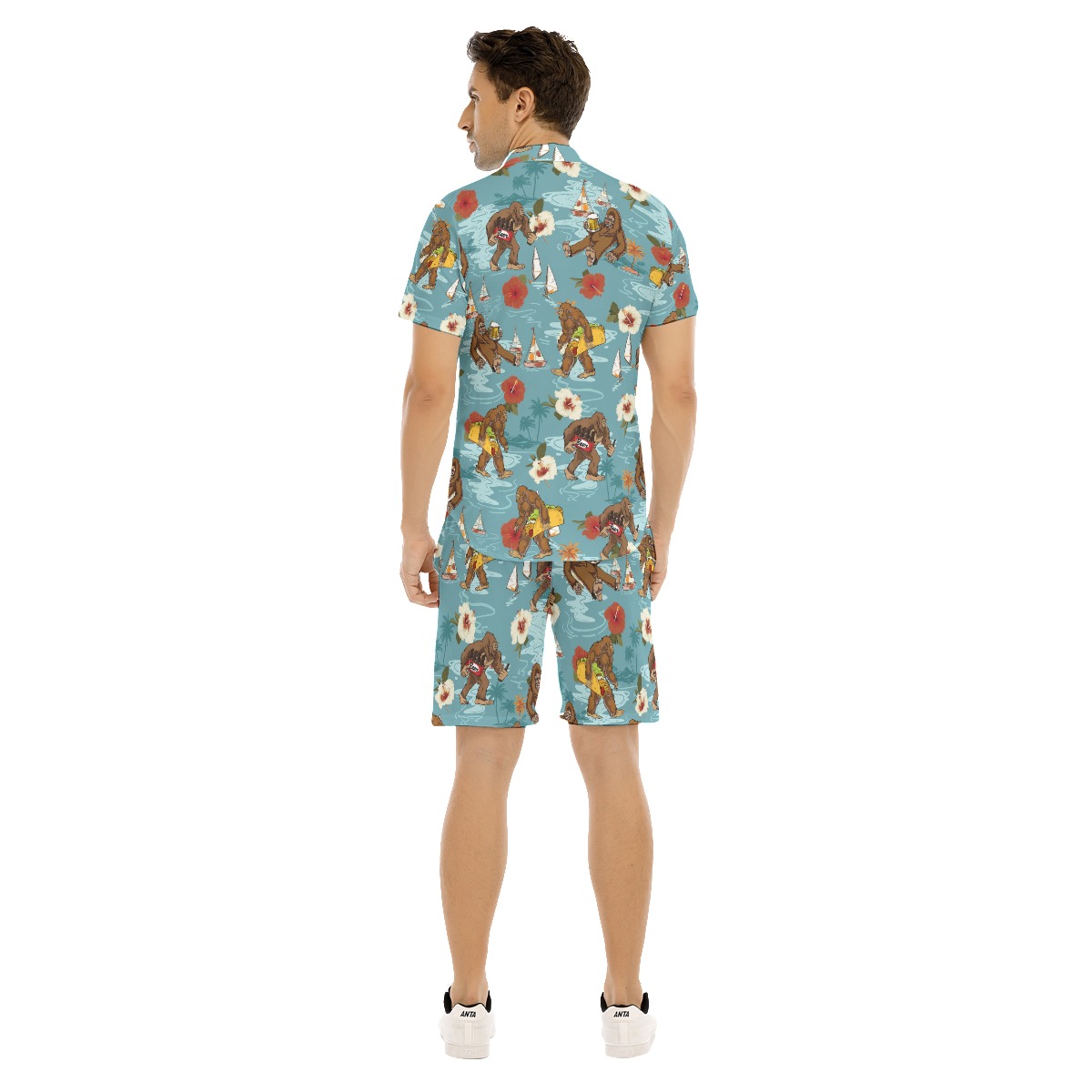 Set Bigfoot Beer Hibiscus Blue Hawaiian Shirt And Matching Shorts For Men