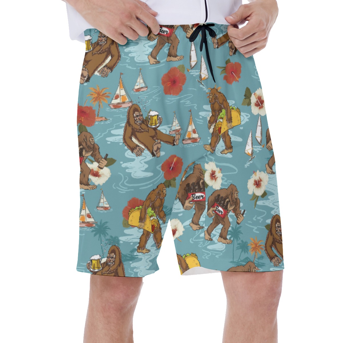 Funny Bigfoot Beer Blue Hawaiian Swim Trunks For Men
