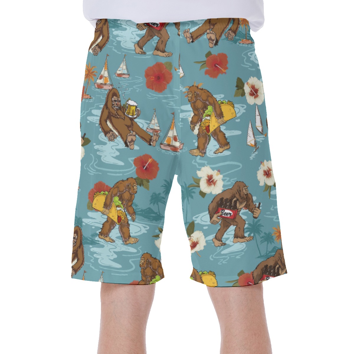 Funny Bigfoot Beer Blue Hawaiian Swim Trunks For Men
