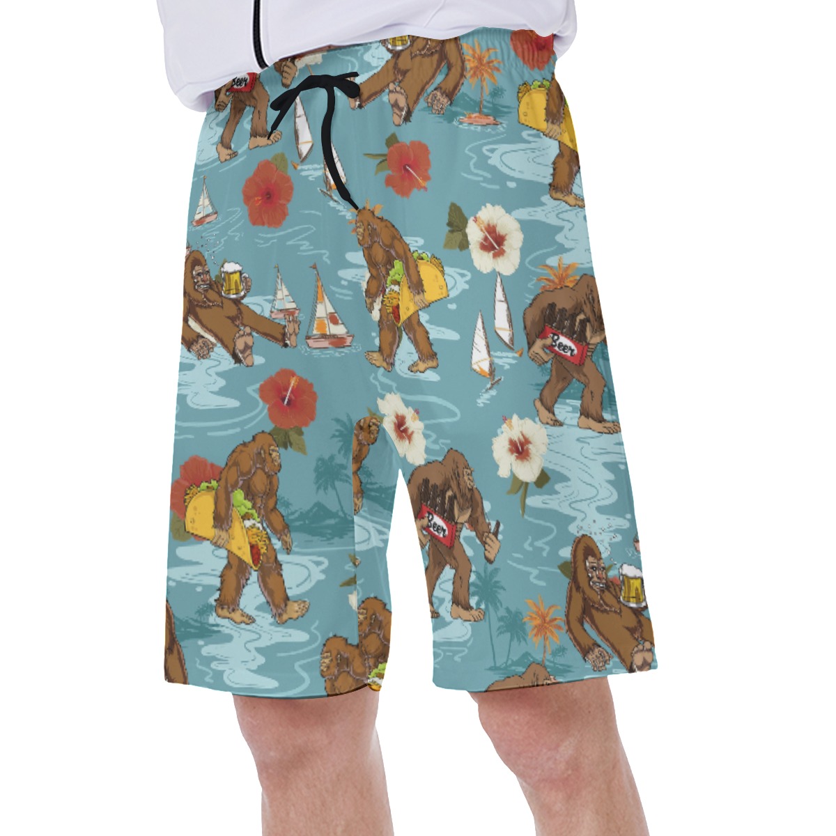 Funny Bigfoot Beer Blue Hawaiian Swim Trunks For Men