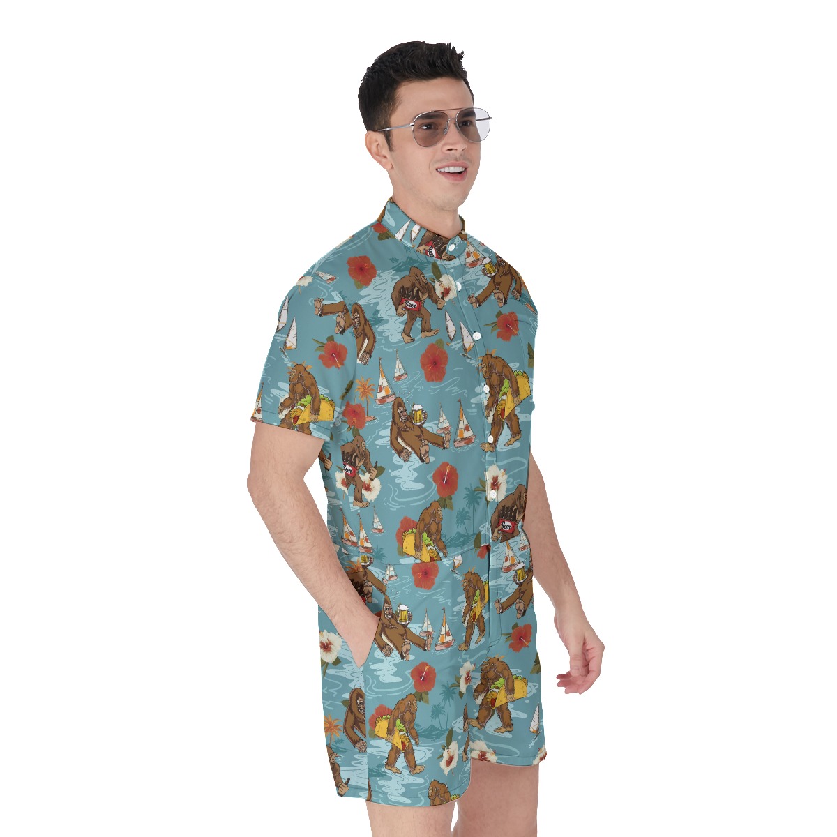 Funny Bigfoot Drinking Beer Blue Hawaiian Romper