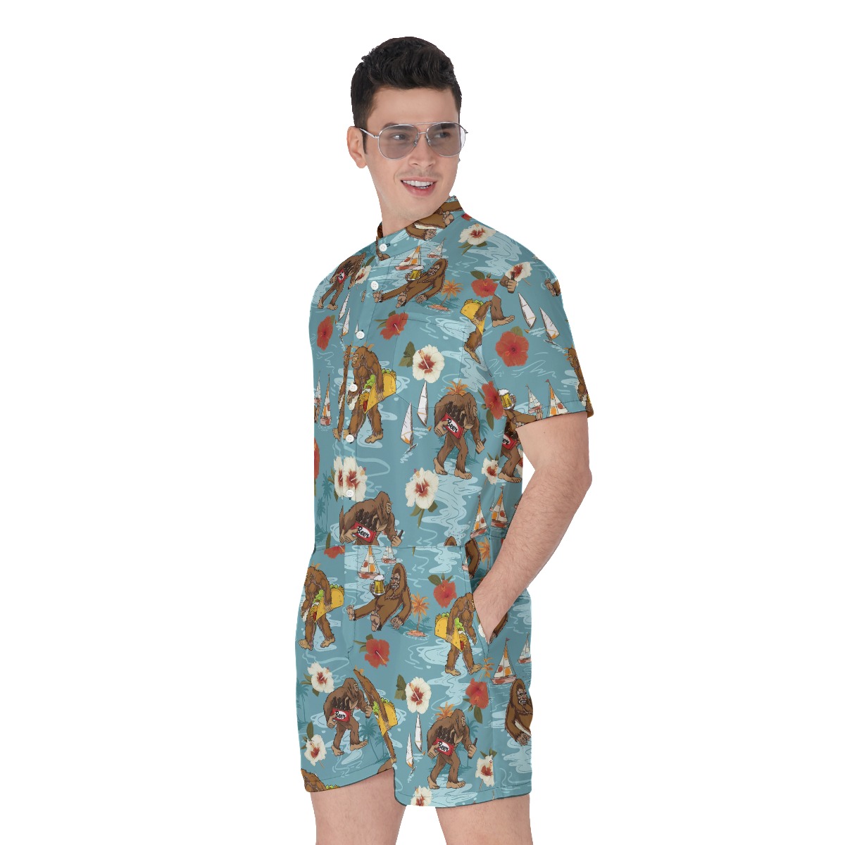 Funny Bigfoot Drinking Beer Blue Hawaiian Romper