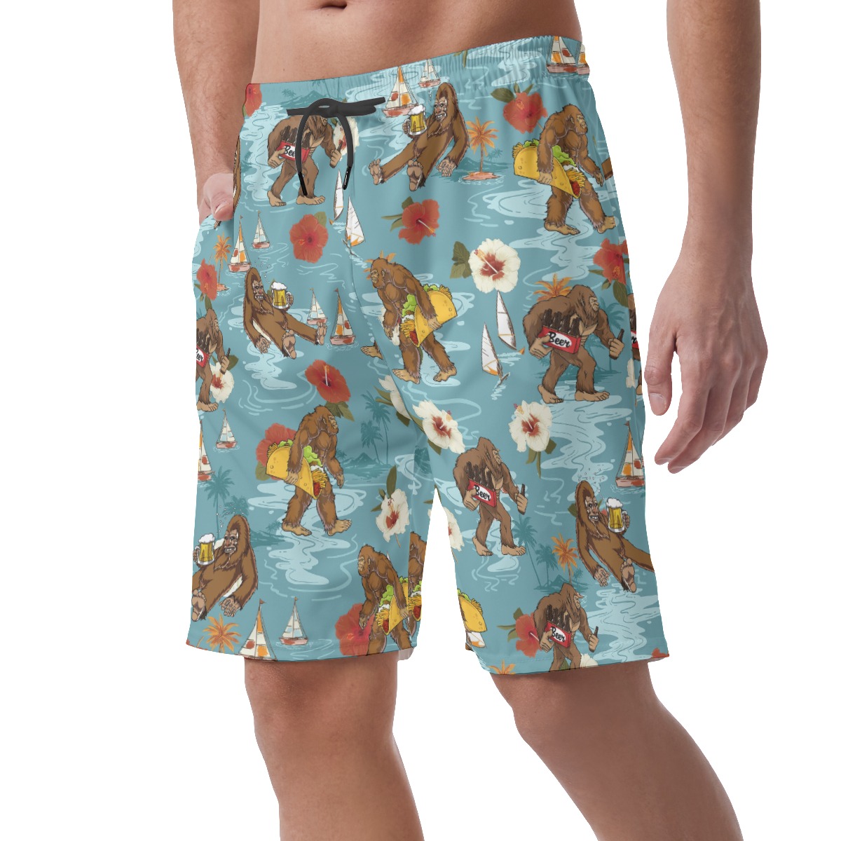 Tropical Hibiscus Bigfoot Beer Blue Hawaiian Beach Shorts For Men