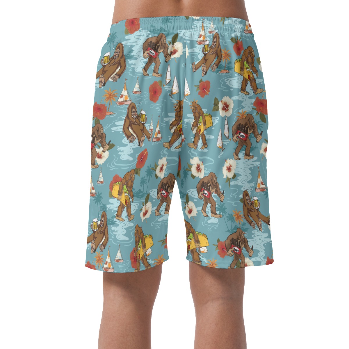 Tropical Hibiscus Bigfoot Beer Blue Hawaiian Beach Shorts For Men