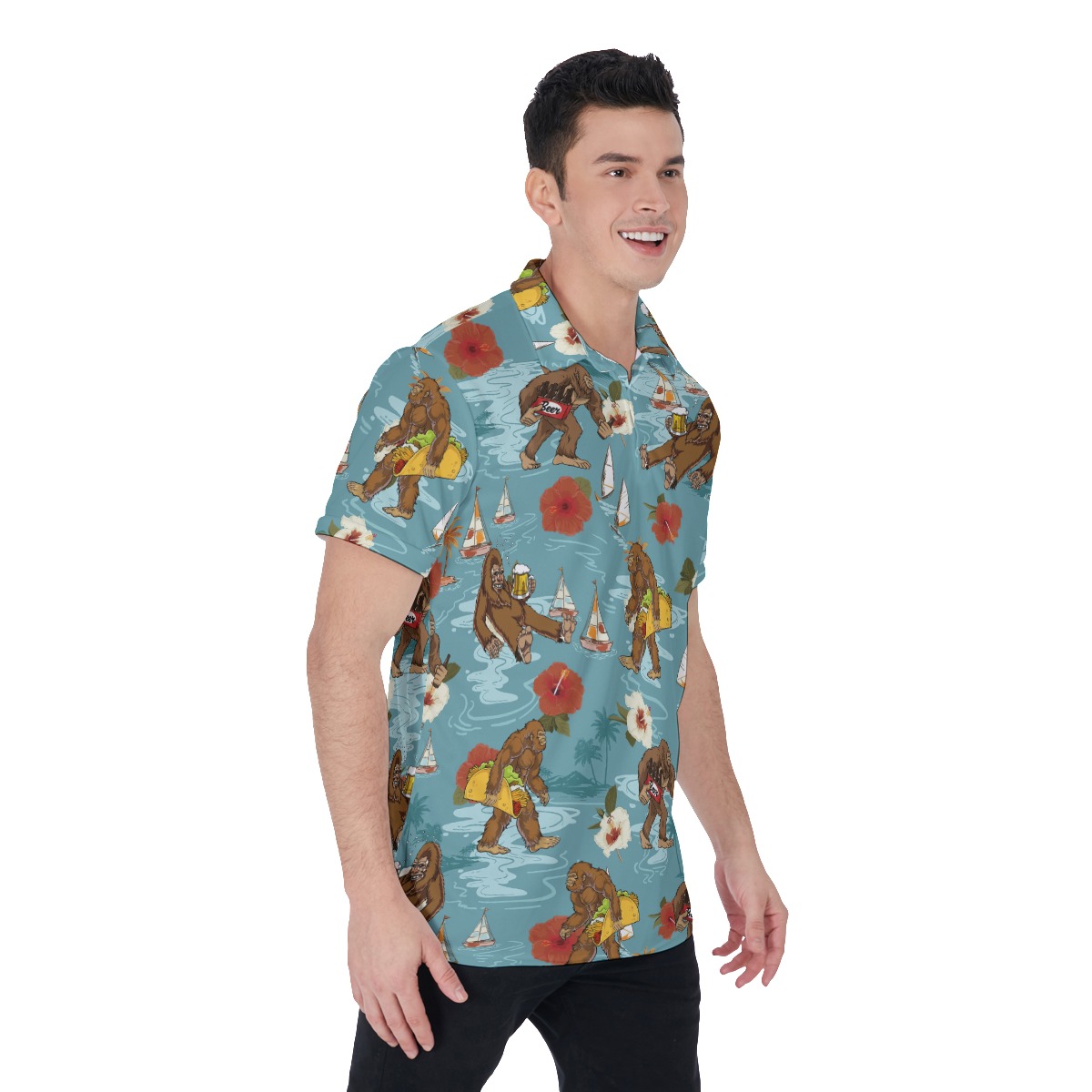 Funny Bigfoot Beer Hibiscus Hawaiian Polo Shirt For Men