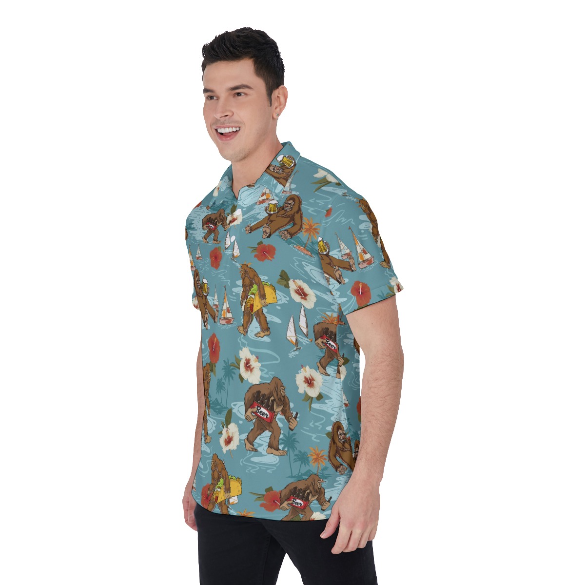 Funny Bigfoot Beer Hibiscus Hawaiian Polo Shirt For Men