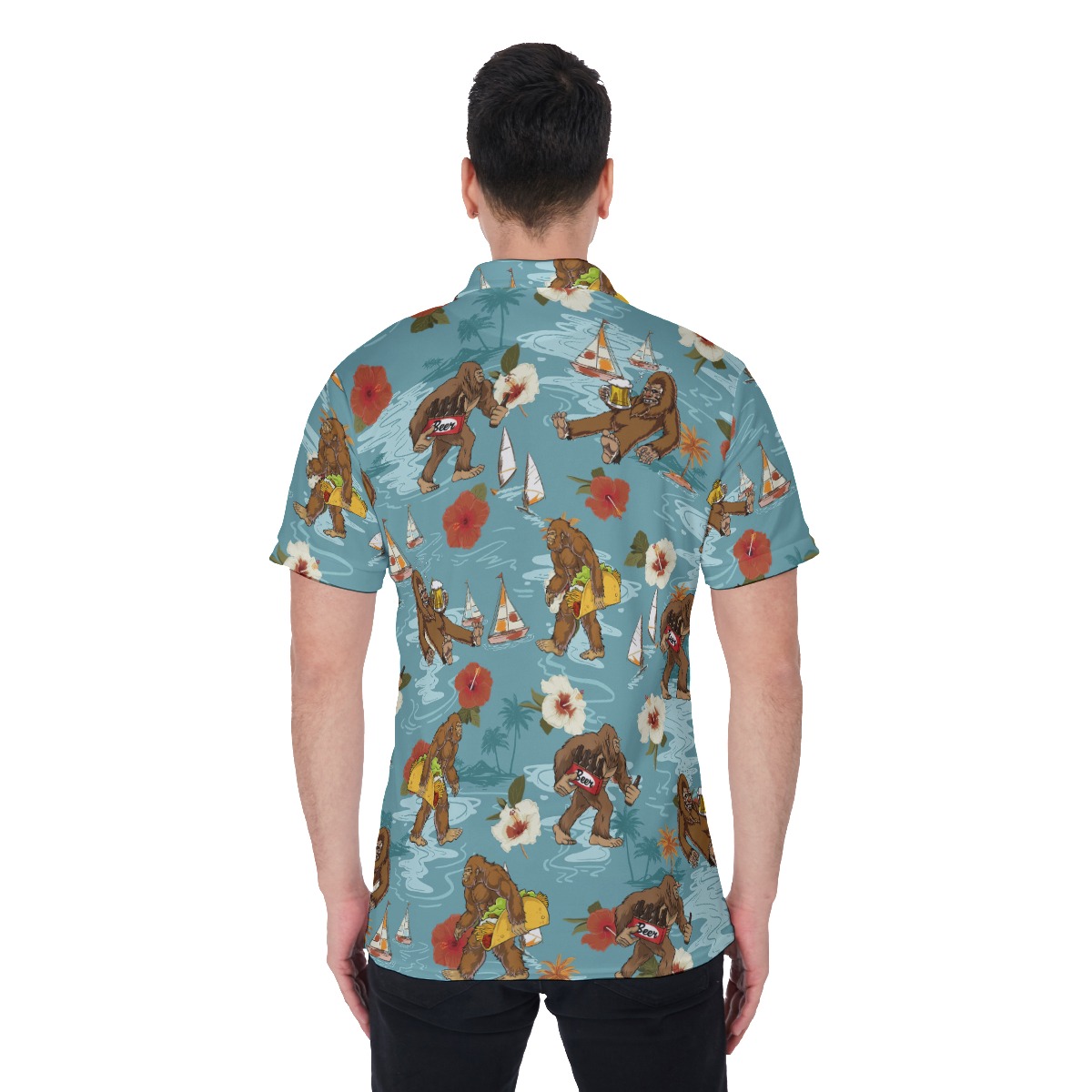 Funny Bigfoot Beer Hibiscus Hawaiian Polo Shirt For Men