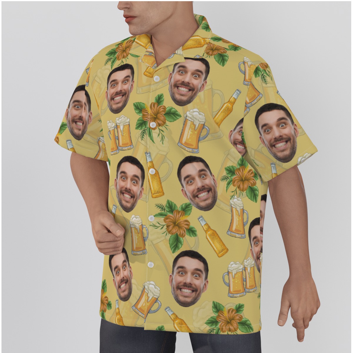 Custom Your Face Beer Flowers Hawaiian Shirt For Men