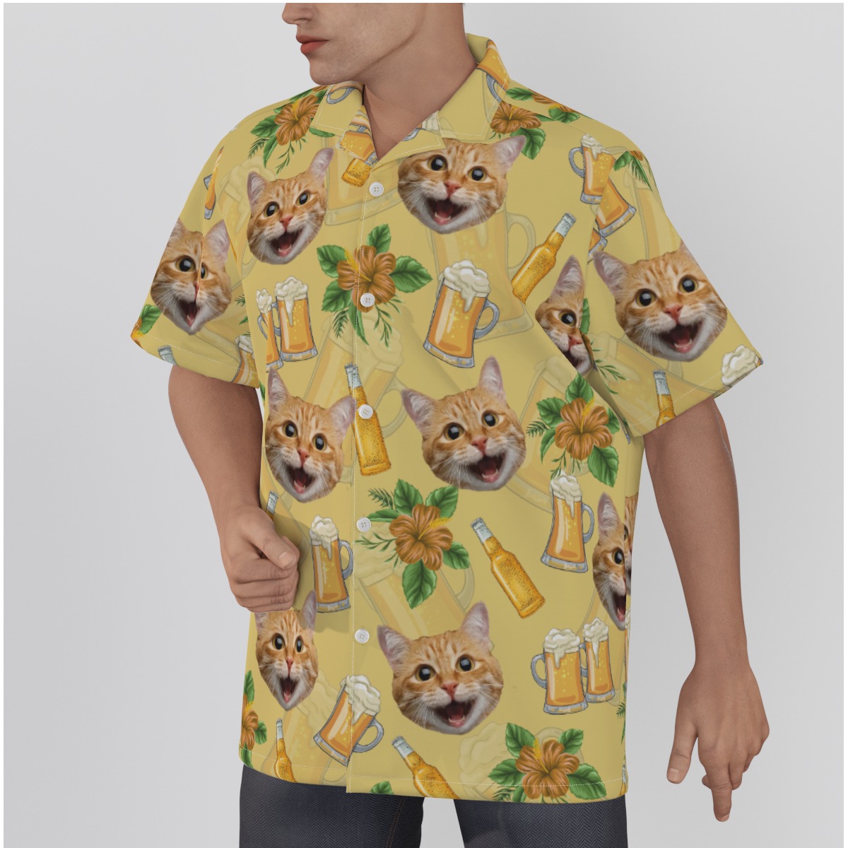 Funny Custom Pet Face Beer Hibiscus Hawaiian Shirt For Men