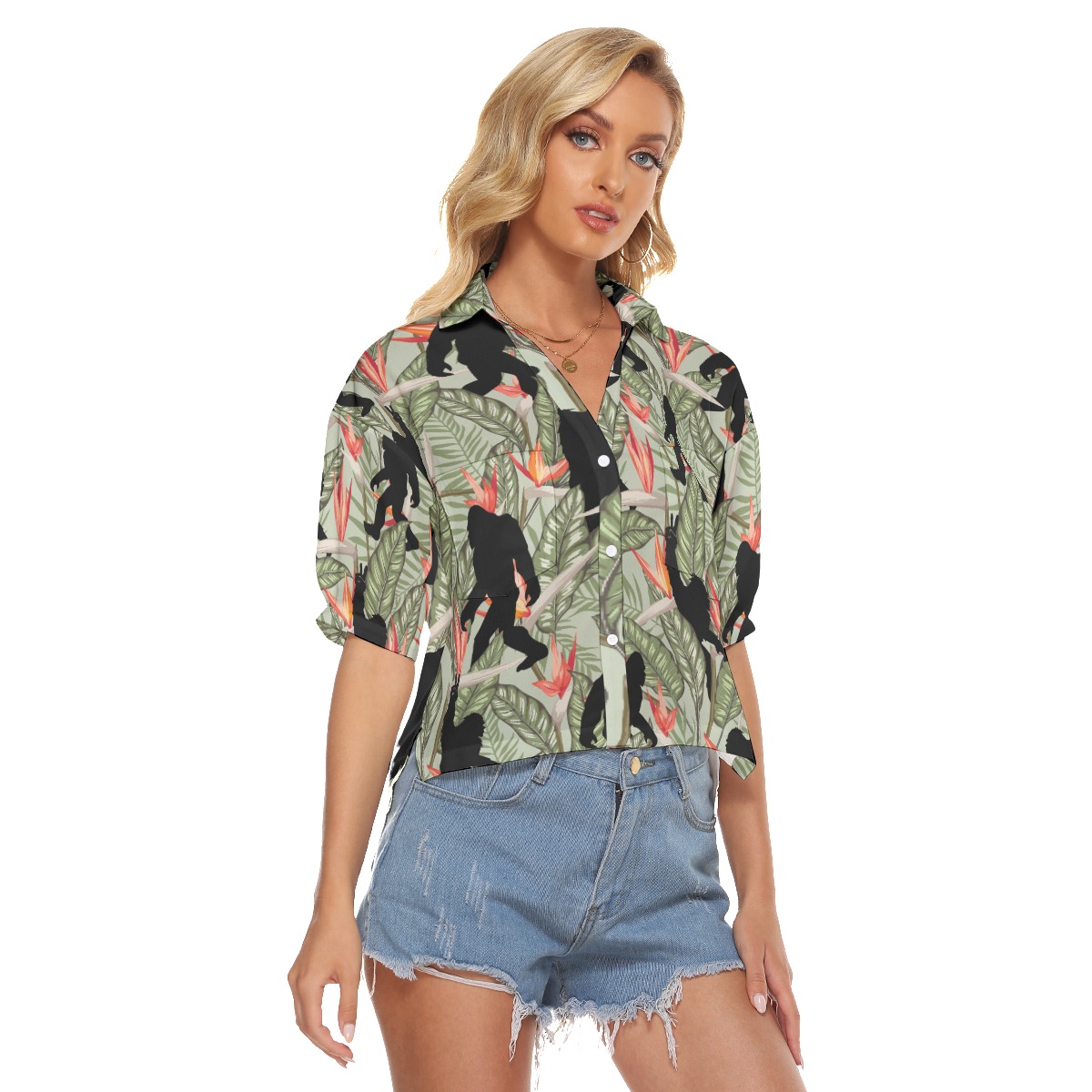 Funny Bigfoot Tropical Hawaiian Cropped Shirt For Women