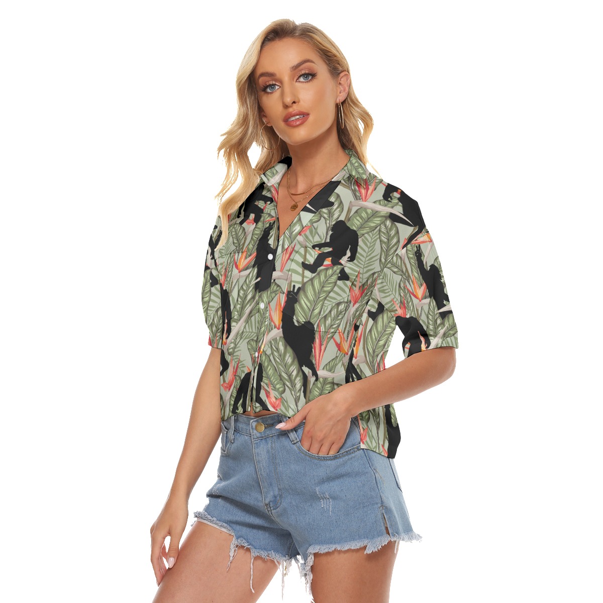 Funny Bigfoot Tropical Hawaiian Cropped Shirt For Women