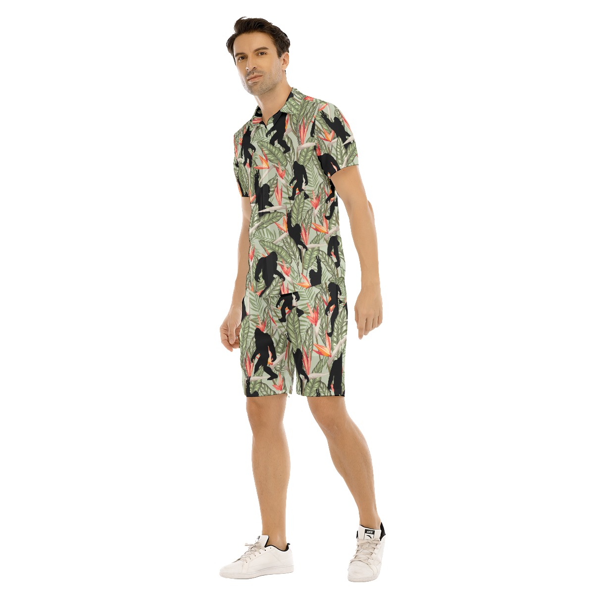 Set Bigfoot Tropical Green Hawaiian Shirt And Matching Shorts For Men