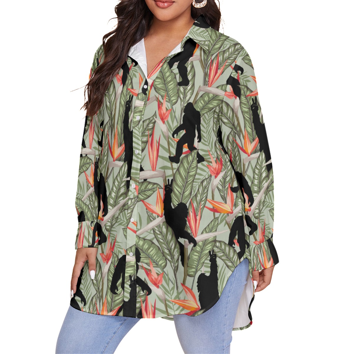 Tropical Bigfoot Green Plus Size Hawaiian Shirt For Women