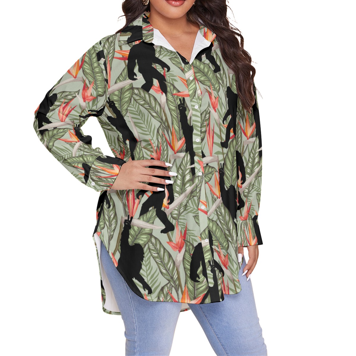 Tropical Bigfoot Green Plus Size Hawaiian Shirt For Women
