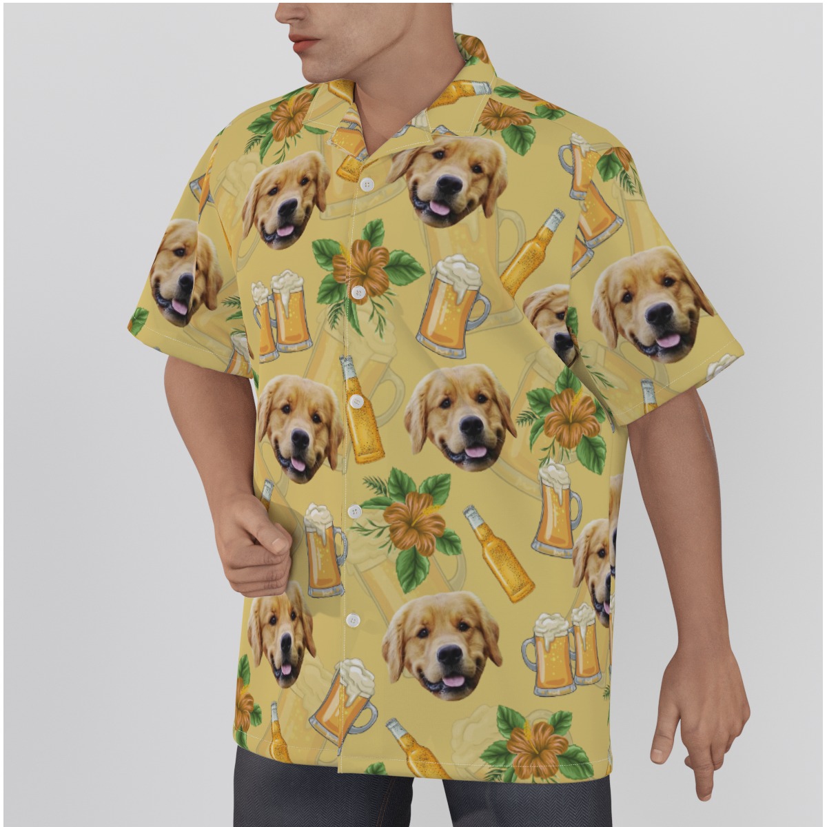 Funny Custom Dog Face With Beer Hawaiian Shirt Hibiscus Yellow Hawaiian Shirt