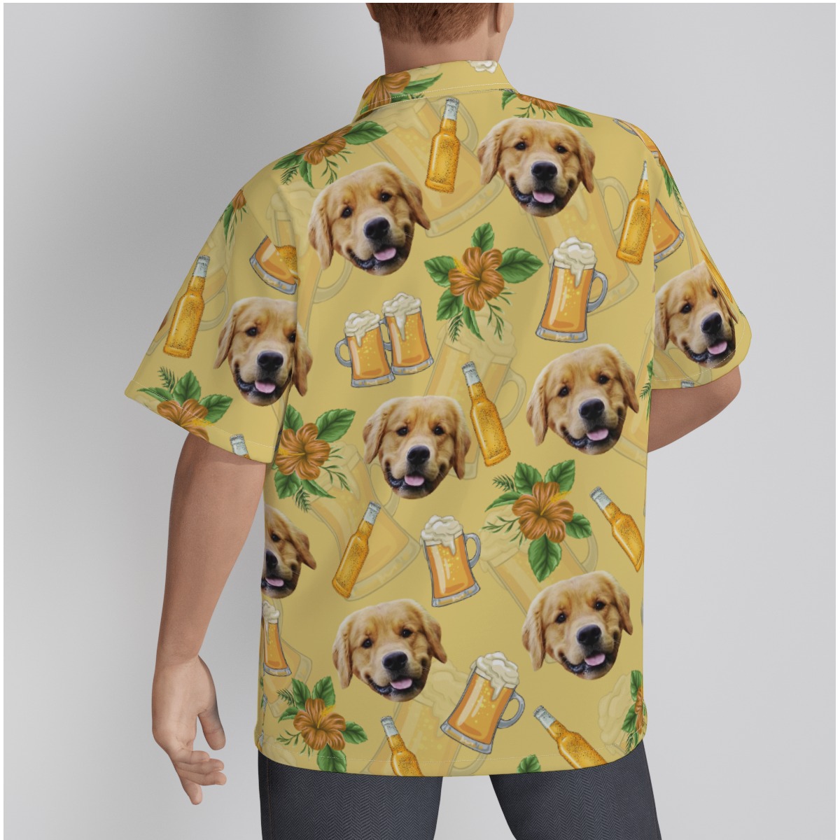 Funny Custom Dog Face With Beer Hawaiian Shirt Hibiscus Yellow Hawaiian Shirt