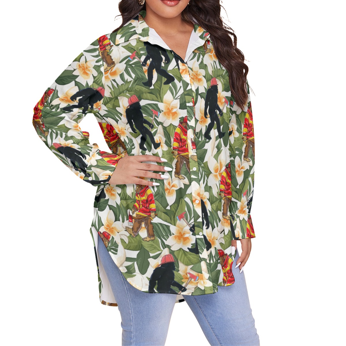 Funny Floral Bigfoot Firefighter Hawaiian Blouse Shirt For Women