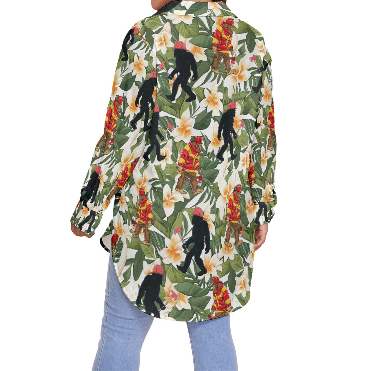Funny Floral Bigfoot Firefighter Hawaiian Blouse Shirt For Women