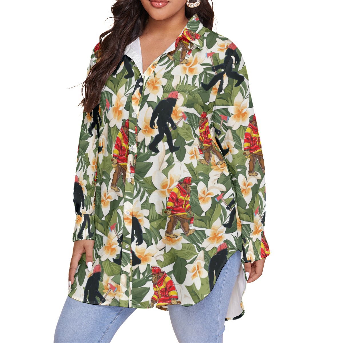 Funny Floral Bigfoot Firefighter Hawaiian Blouse Shirt For Women