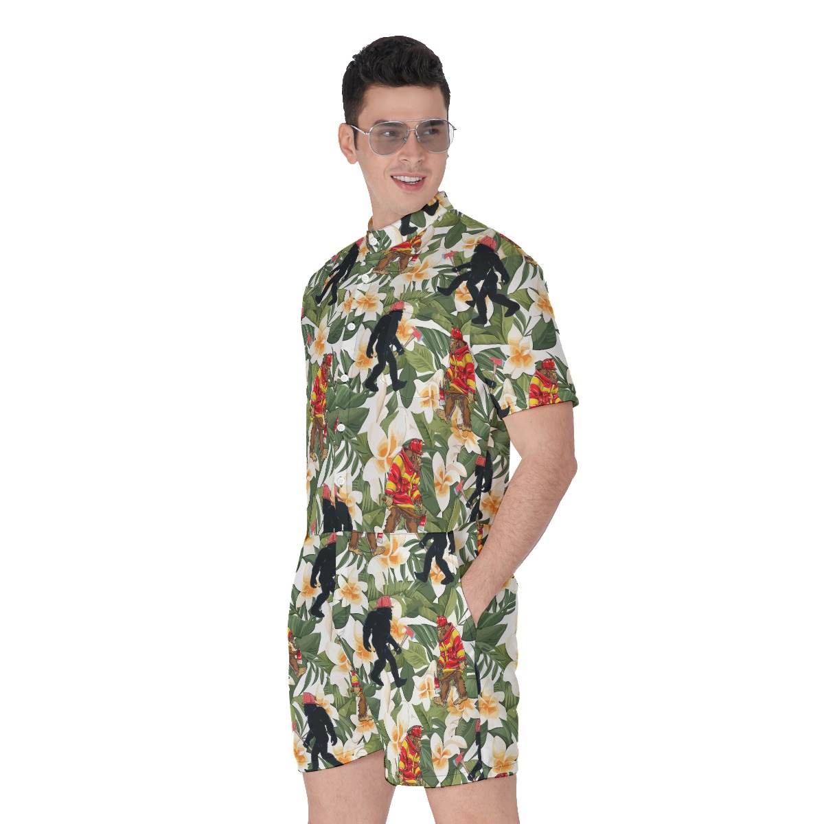 Bigfoot Firefighter Tropical Hawaiian Romper For Men
