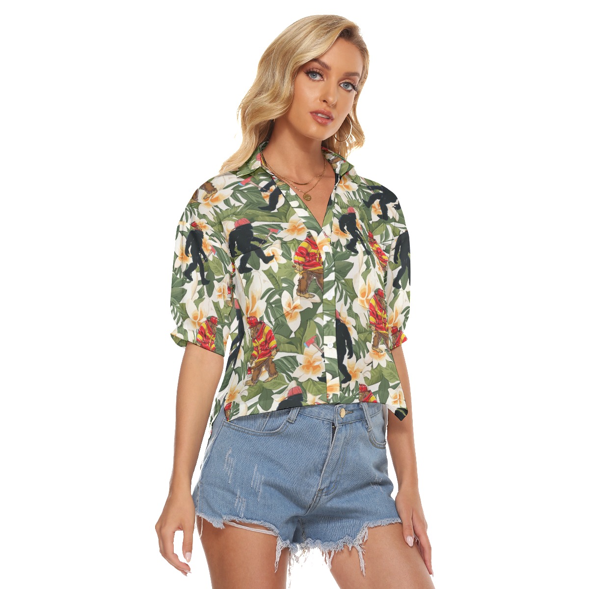 Tropical Firefighter Bigfoot Hawaiian Crop Top Shirt For Women