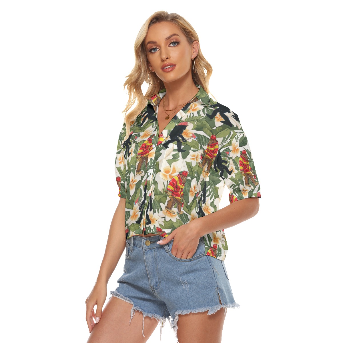 Tropical Firefighter Bigfoot Hawaiian Crop Top Shirt For Women