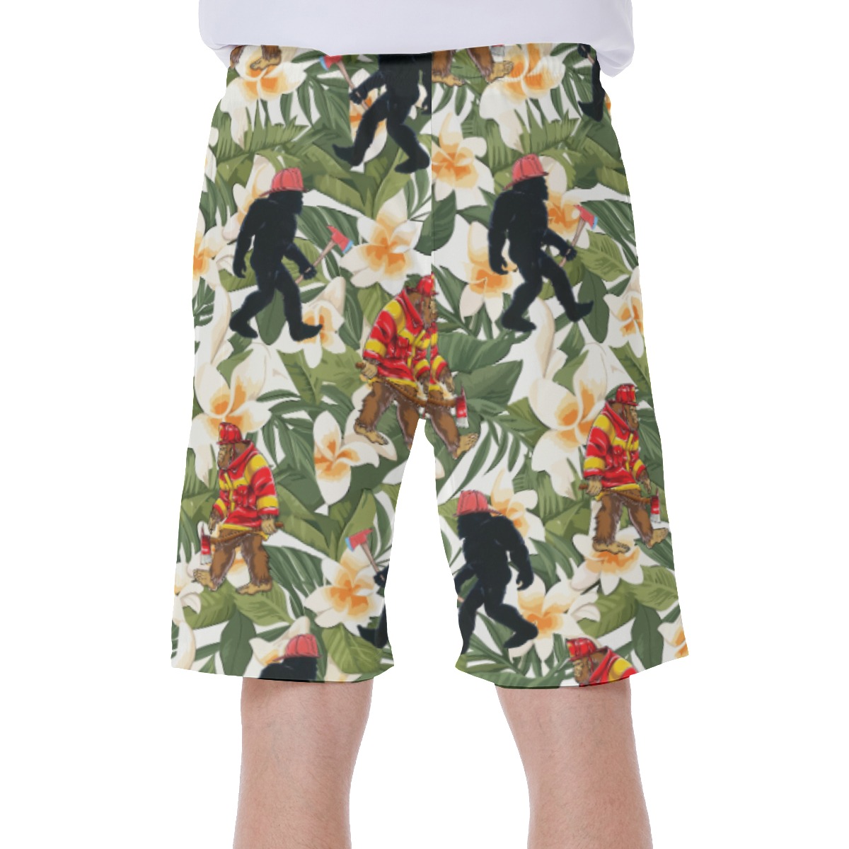 Tropical Bigfoot Firefighter Hawaiian Swim Trunks For Men