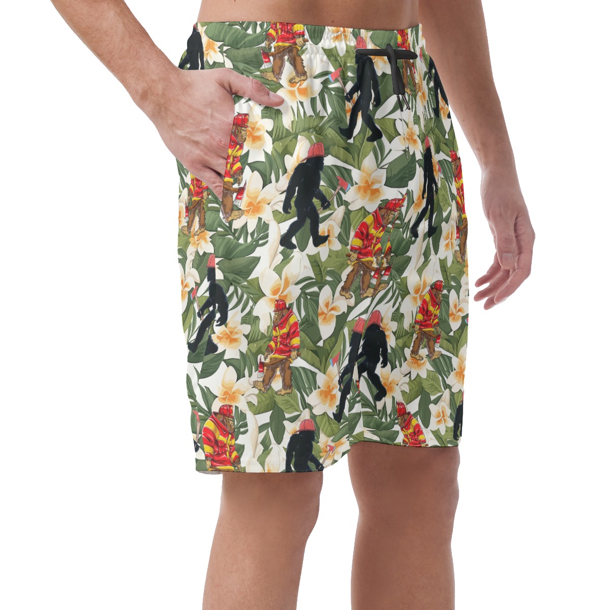 Funny Bigfoot Firefighter Floral Hawaiian Beach Shorts For Men