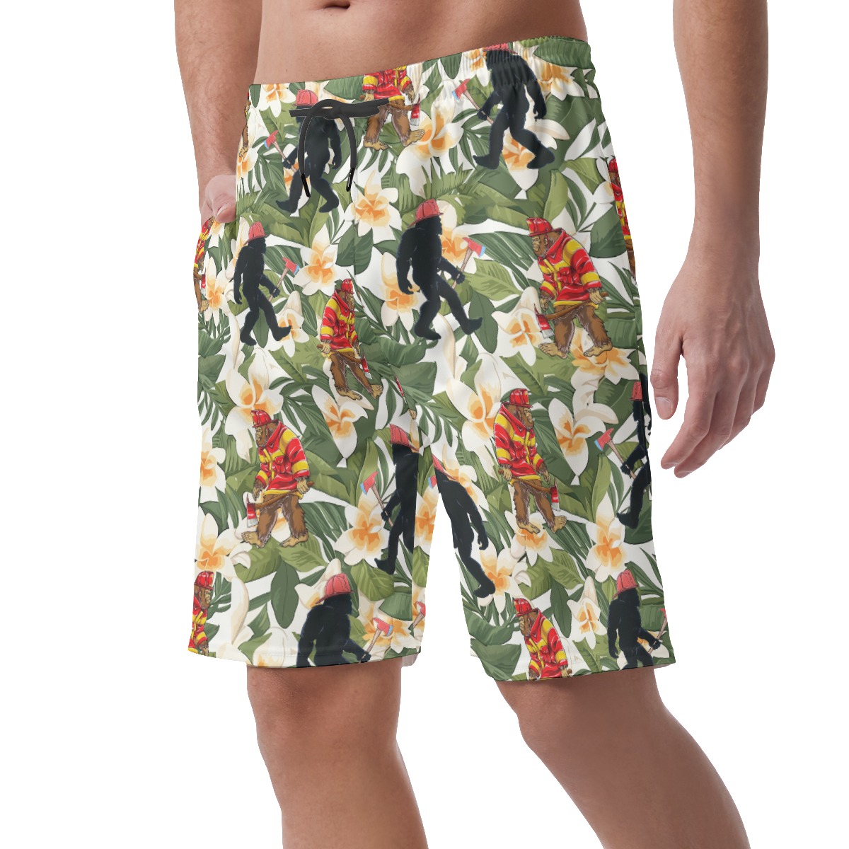 Funny Bigfoot Firefighter Floral Hawaiian Beach Shorts For Men
