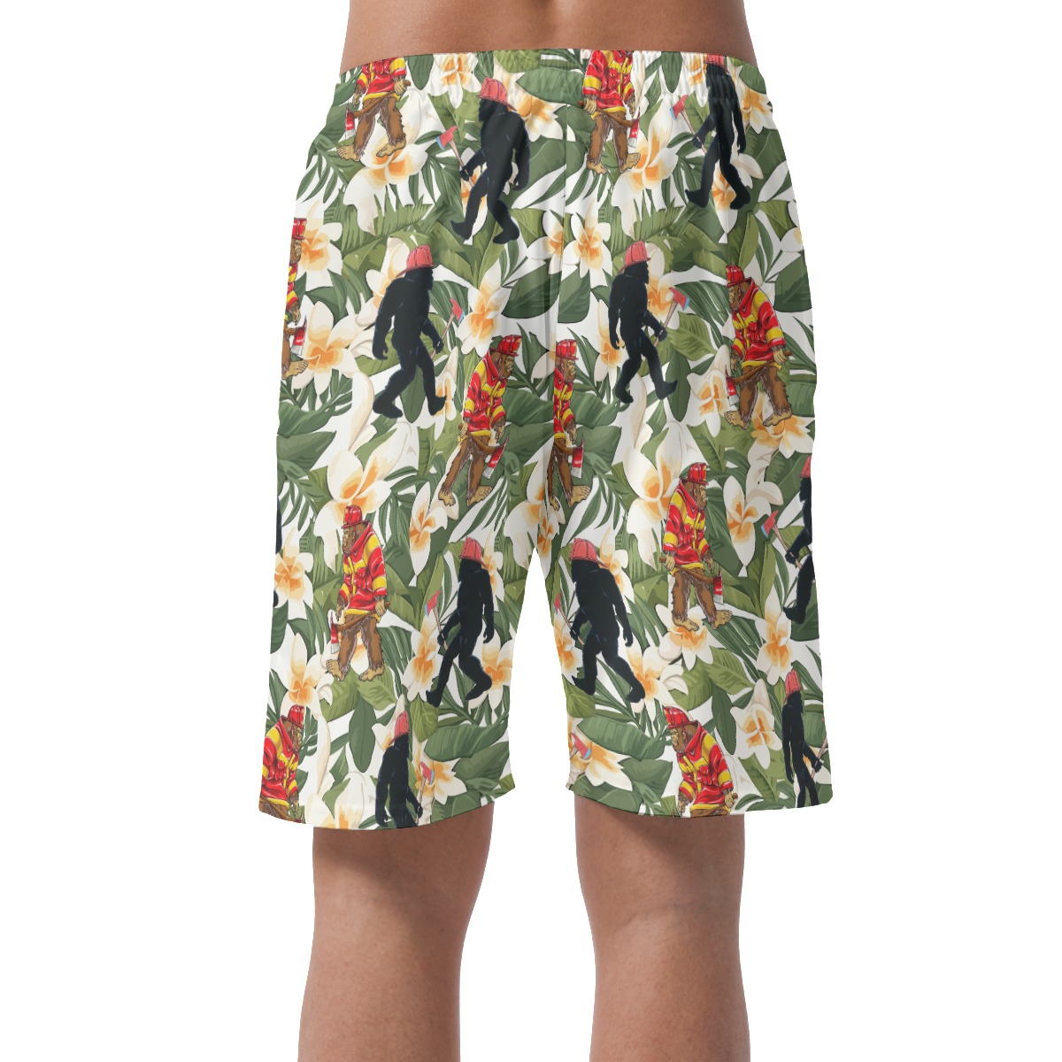 Funny Bigfoot Firefighter Floral Hawaiian Beach Shorts For Men