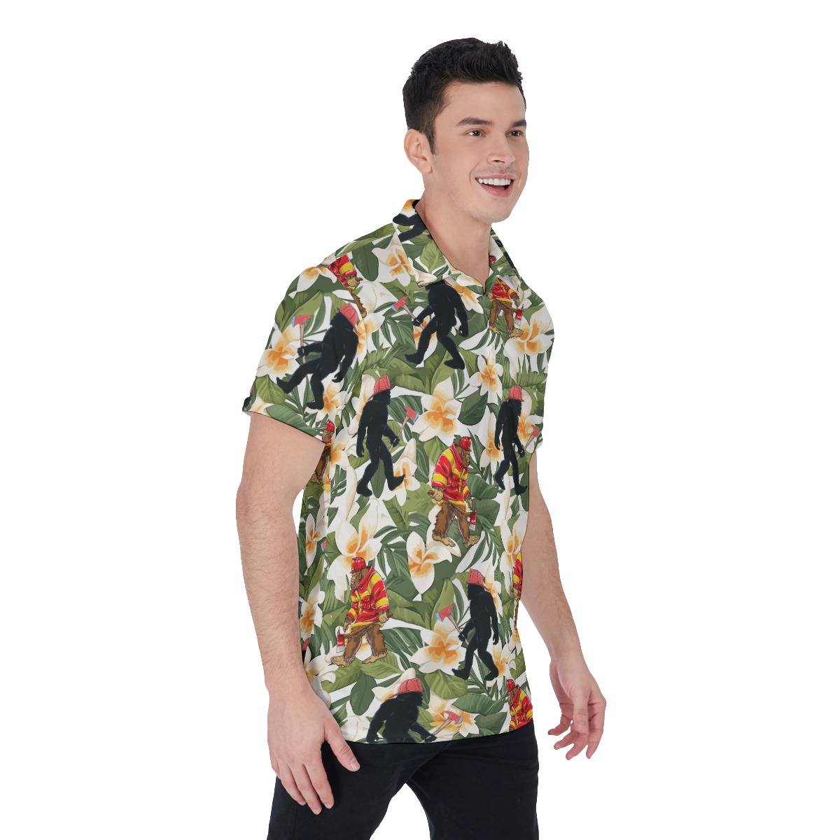 Tropical Bigfoot Firefighter Hawaiian Polo Shirt For Men