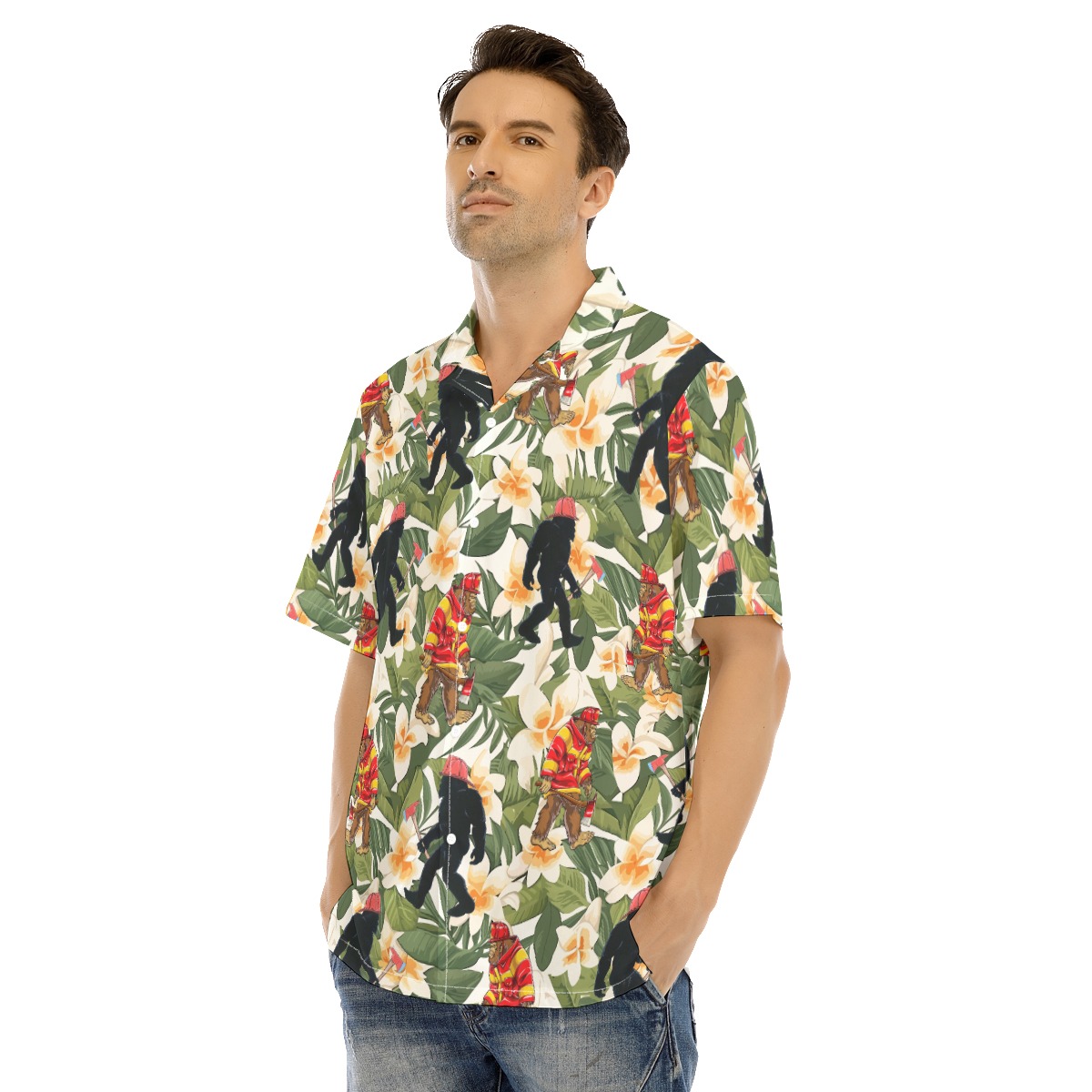 Funny Firefighter Bigfoot Floral Hawaiian Shirt