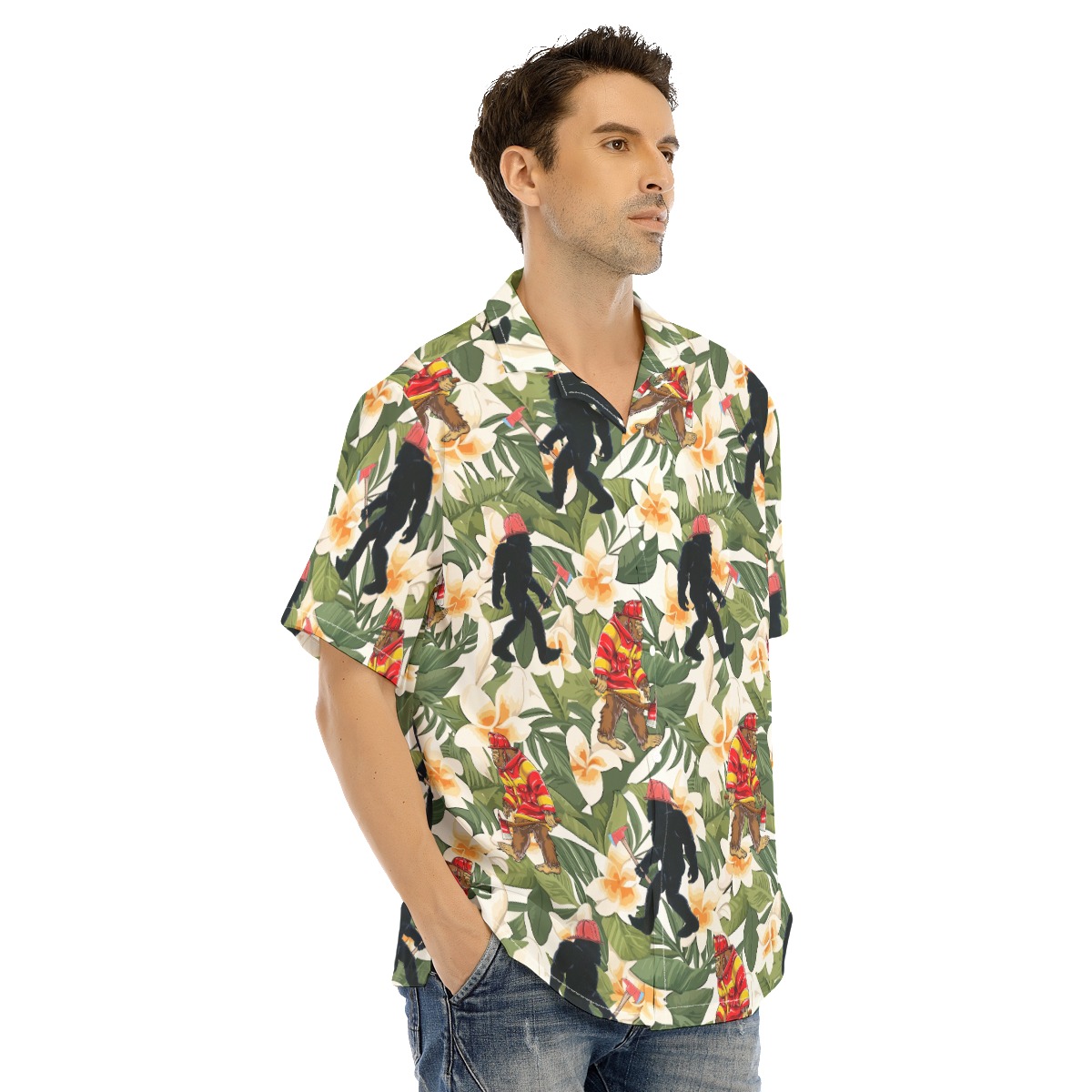 Funny Firefighter Bigfoot Floral Hawaiian Shirt