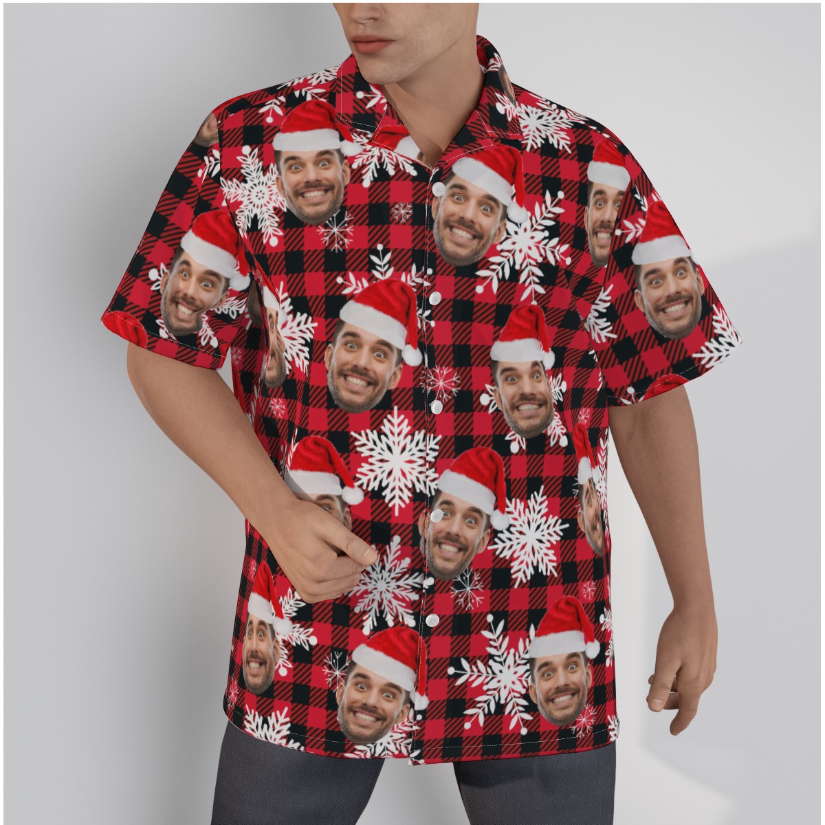 Festive Custom Face Christmas Hawaiian Shirt Christmas Hat Buffalo Plaid - variant image 1