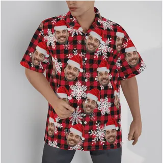 Festive Custom Face Christmas Hawaiian Shirt Christmas Hat Buffalo Plaid