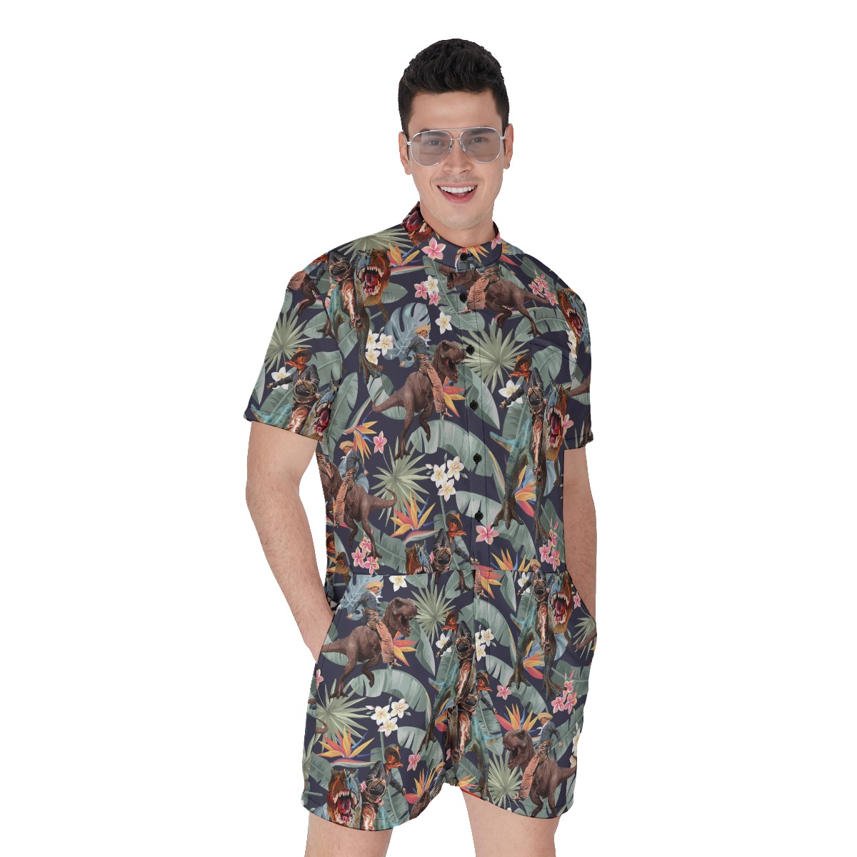 Funny Dinosaur Cowboy Tropical Hawaiian Romper For Men - variant image 1
