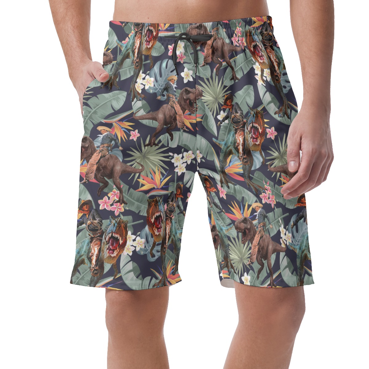Funny Cowboy Dinosaur Tropical Hawaiian Beach Shorts For Men - variant image 1