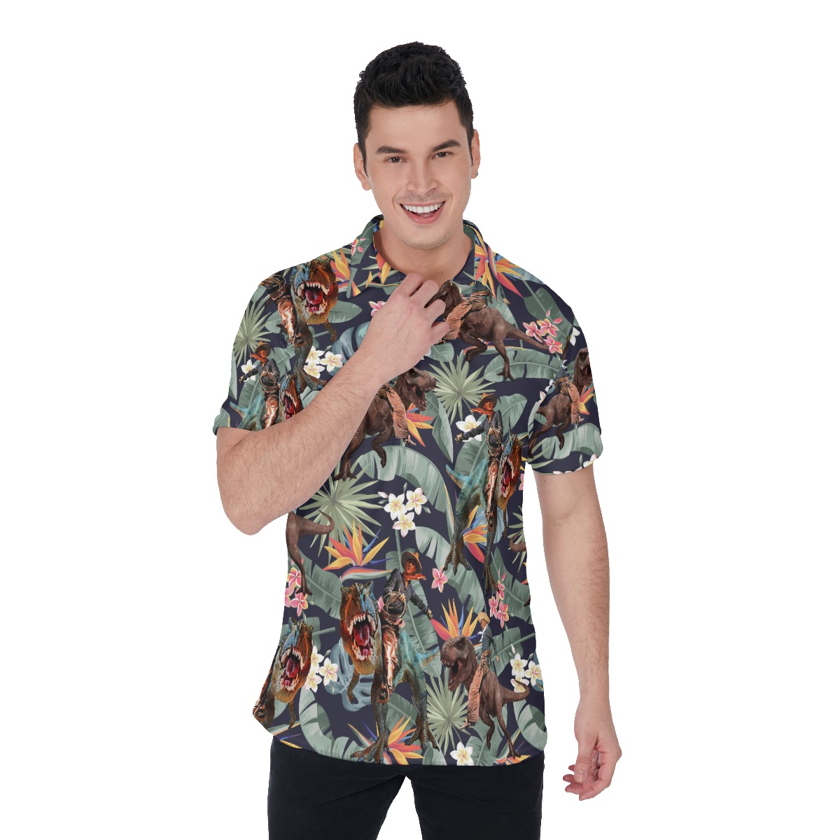 Funny Cowboy Riding Dinosaur Tropical Hawaiian Polo Shirt For Men - variant image 1