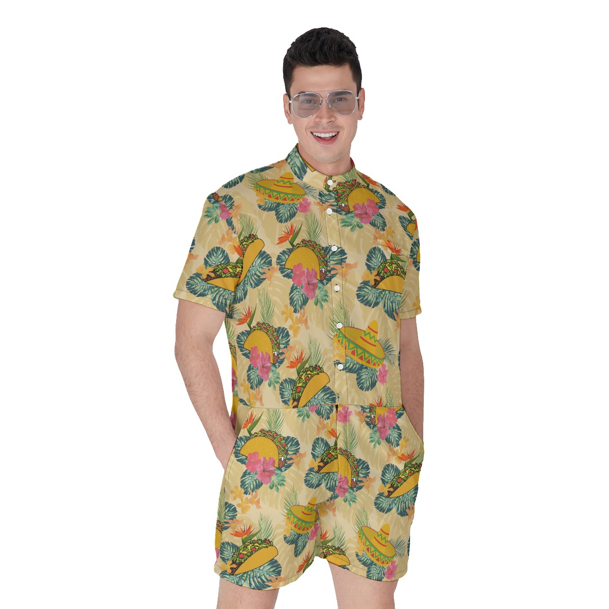 Hibiscus Taco Yellow Hawaiian Romper For Men - variant image 1