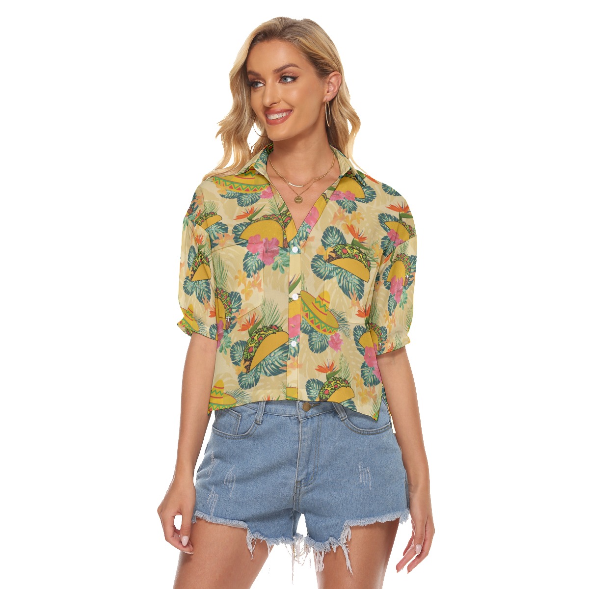 Yellow Taco Hibiscus Hawaiian Crop Top Shirt For Women - variant image 1